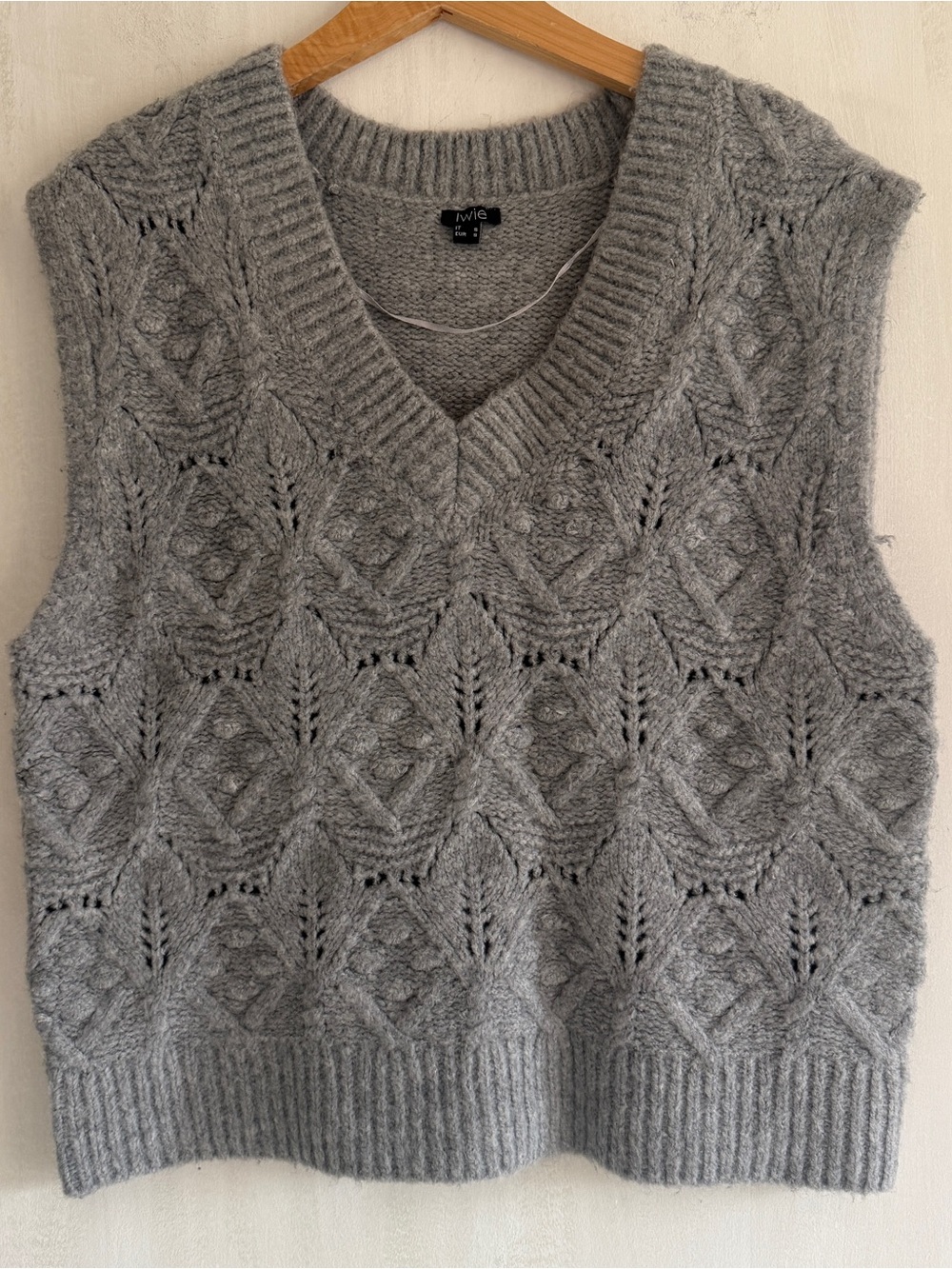 Iwie Charcoal Heather Cable V-Neck Knit Blend Sweater Vest Women Small